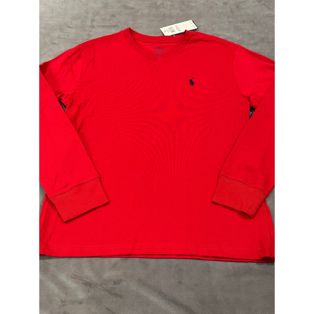 Polo Ralph Lauren Kids Red V-Neck Long Sleeve Tee Shirt Pony Logo Size M 10-12